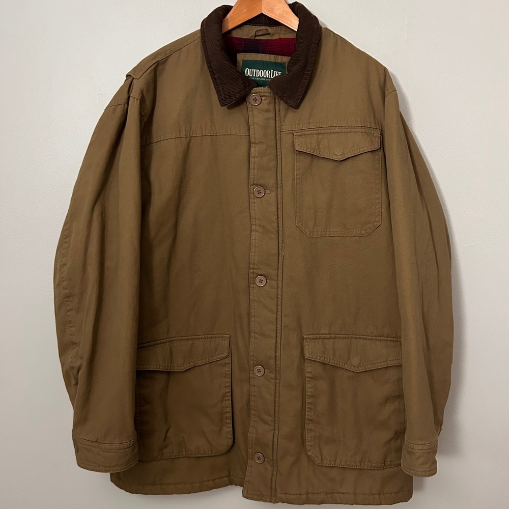 Outdoor Life Field Jacket‎ Mens Large Tan Canvas Plaid Flannel Quilt Lined Coat
